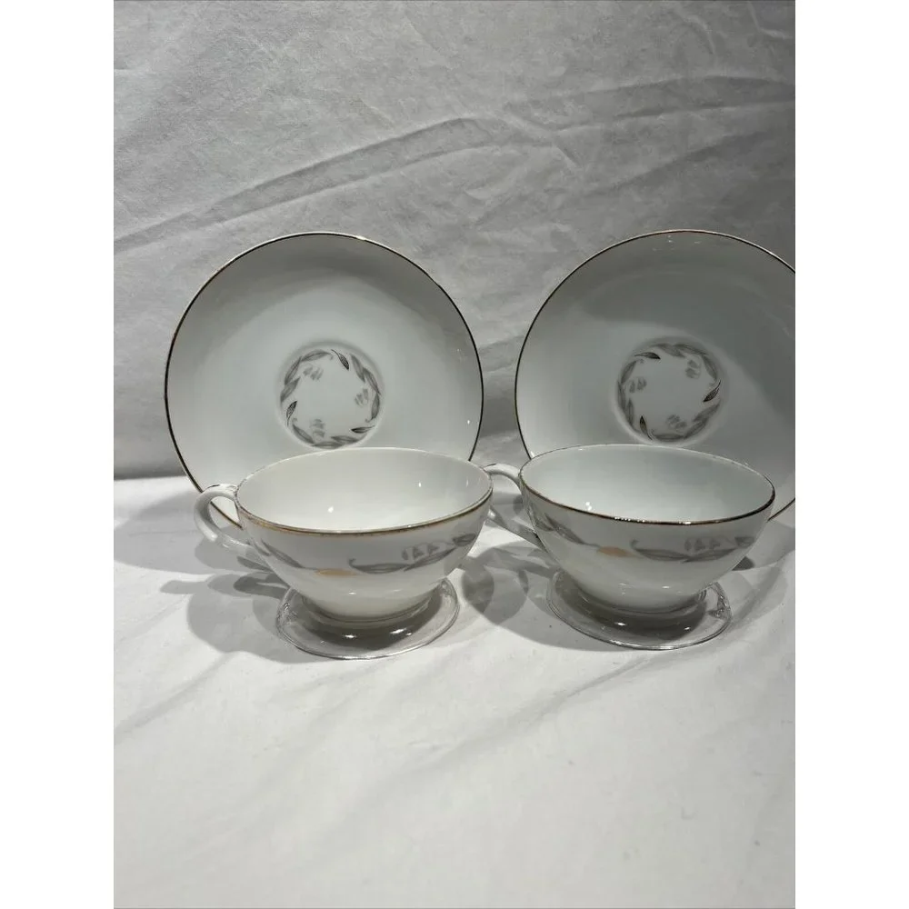 Kaysons Fine‎ China Golden Fantasy Set of 2 Teacup And Saucers White Gold Trim